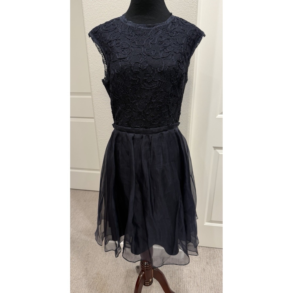 Navy Blue Ted Baker Jessika Lace Top Flare Silk Dress TB 2 US 6 Wedding Guest